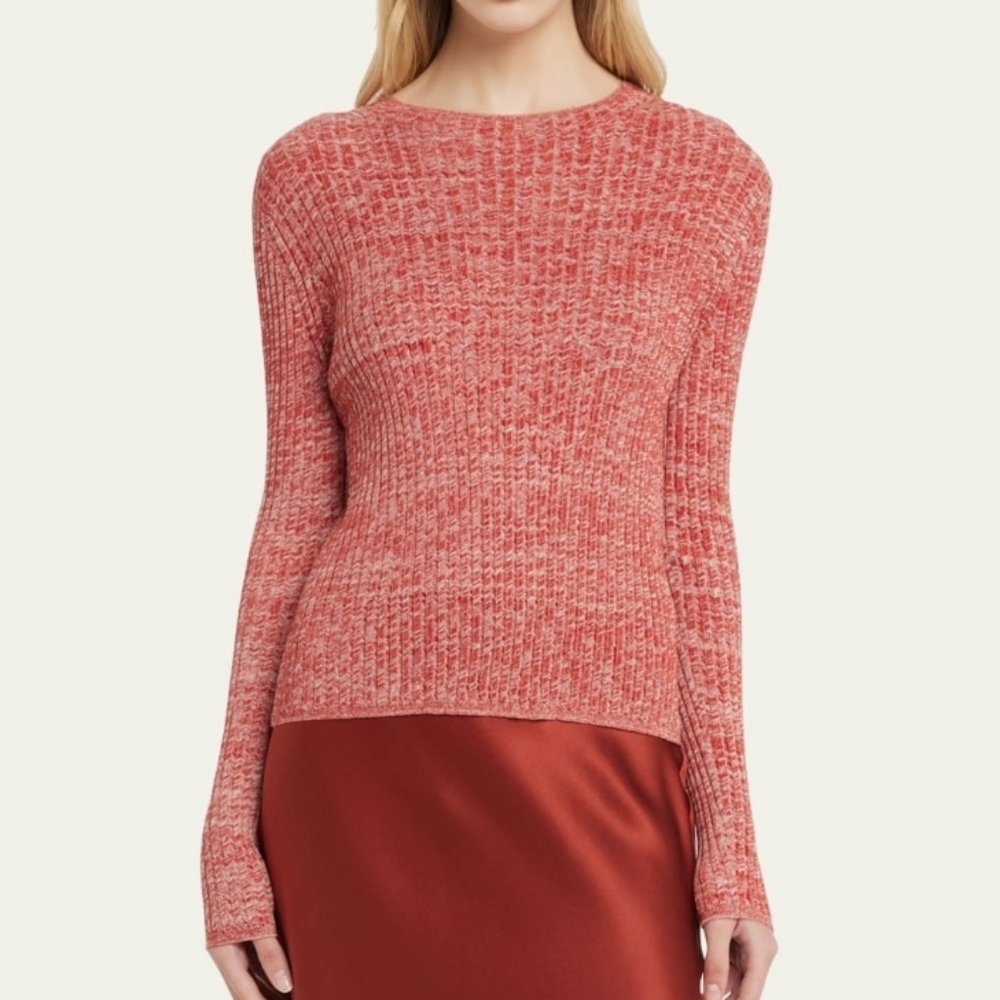 Vince Red/White Marled Knit Ribbed Wool/Cotton Blend Sweater S Fitted Crewneck